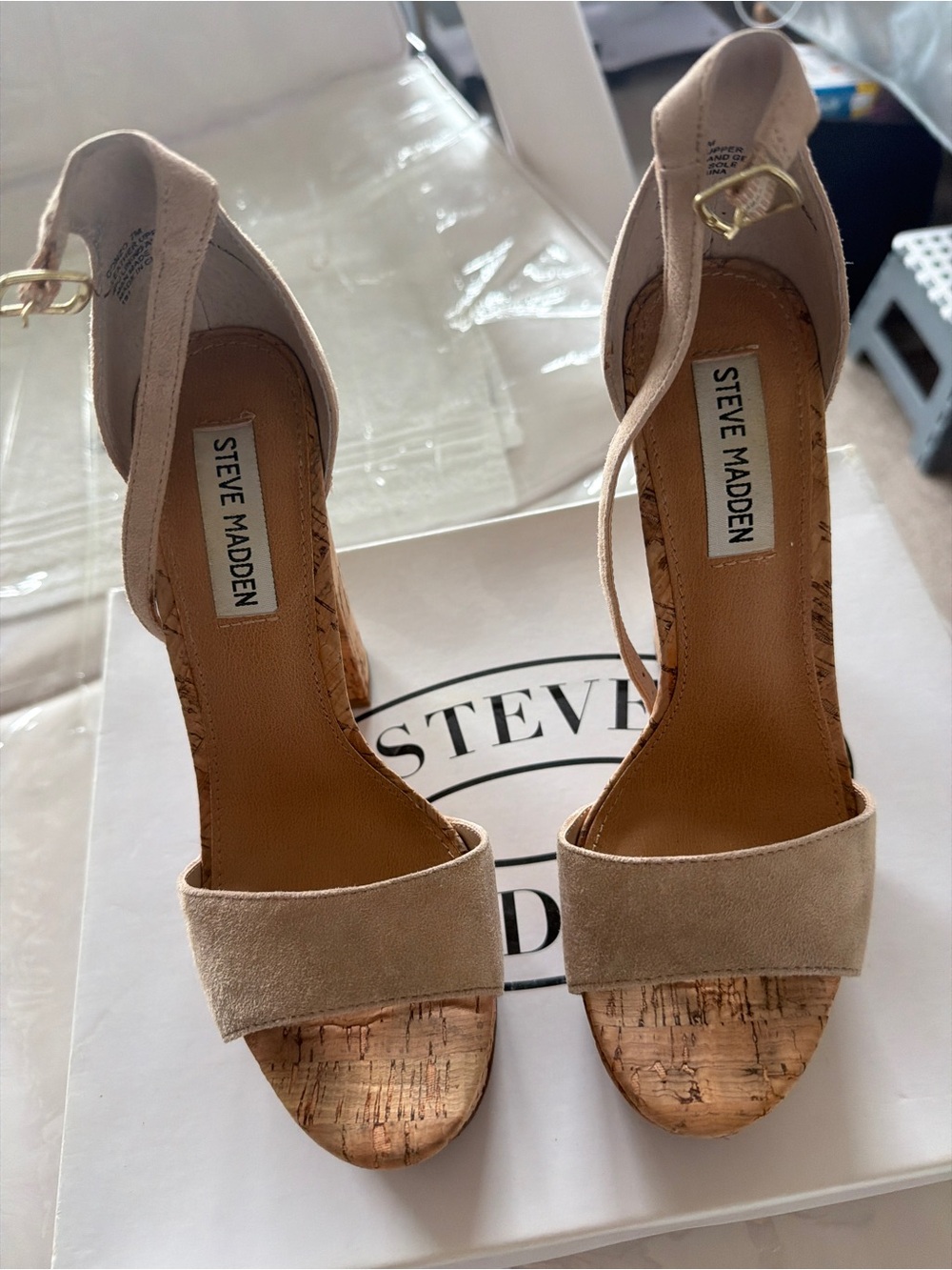 Steve Madden Beige Suede Cork Block Heel Sandals